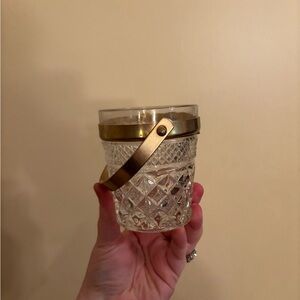 vintage Anchor Hocking Wexford glass sugar pail with a gold-tone handle